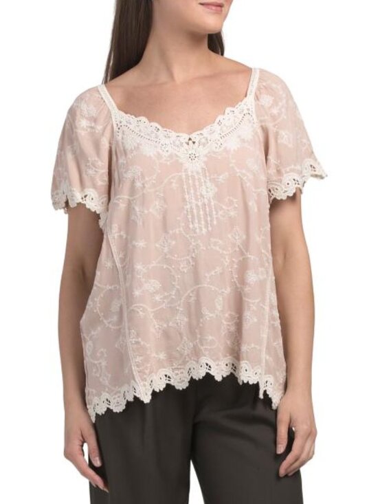 Democracy Tops - DEMOCRACY Crochet Flutter Sleeve Top With Lace Trim